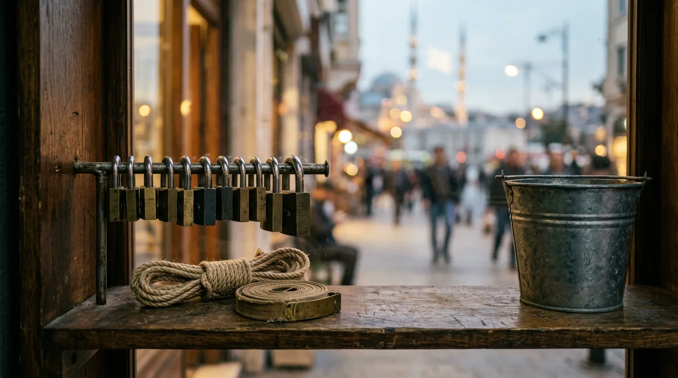Akşam ışığında vitrin önünde asma kilit, halat ve galvanizli kovanın durduğu, dışarıda bulanık İstanbul sokağının göründüğü sakin bir kare.